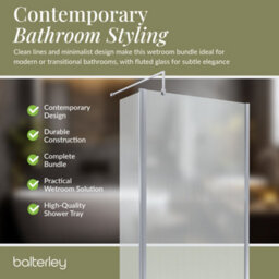 Balterley Contemporary 8mm Fluted Glass Walk In Wetroom Screen And Hinged Return With Chrome Profile And Shower Tray - 1400 X 800mm - thumbnail 4