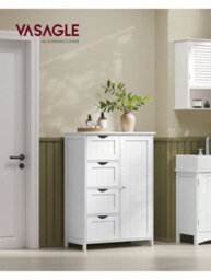 Songmics Vasagle Bathroom Floor Storage Cabinet, Bathroom Storage Unit With 4 Drawers, Bathroom Cabinet Freestanding, With 1 Door - thumbnail 1