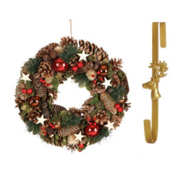 Dibor 36Cm Baubles And Stars Front Door Christmas Wreath With Deer Wreath Hanger