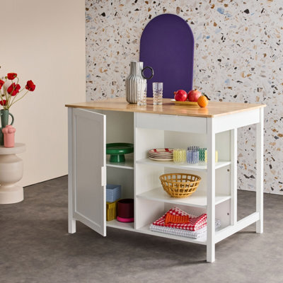 Sweeek - 3 In 1 Kitchen Island, Storage, Work Surface, Dining Table, 5 Shelves, 1 Door, 1 Drawer, W 120 X D 75 X H 90Cm - image 1