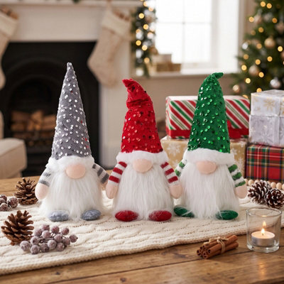 Living And Home 3 Pack Battery Powered Christmas Gnome Tabletop Warm Light Sequin Hat Home Decorations - image 1