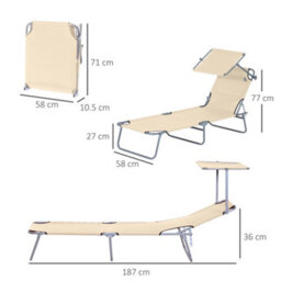 Outsunny Folding Chair Sun Lounger W/ Sunshade Garden Recliner Hammock Beige - thumbnail 3