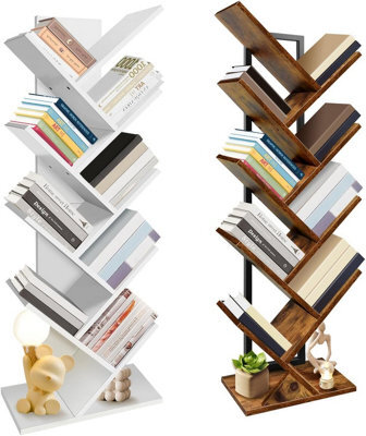 9 Tiers Bookshelf Display Bookcase Tree Shaped Storage Rack Shelves Tree Floor Standing Bookcase Space-Saving Corner Shelf (White) - image 1