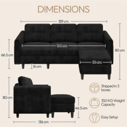 Yaheetech Corduroy Sofa With Ottoman, L-Shaped Sectional Sofa Couch With Side Pockets Or Small Spaces, Black - thumbnail 3