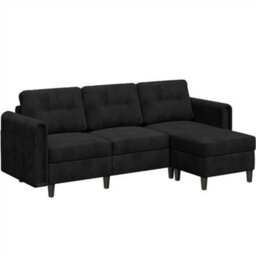 Yaheetech Corduroy Sofa With Ottoman, L-Shaped Sectional Sofa Couch With Side Pockets Or Small Spaces, Black - thumbnail 2
