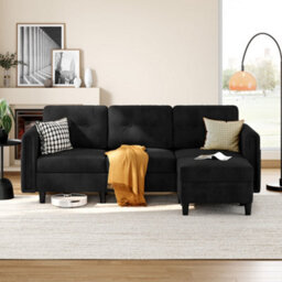 Yaheetech Corduroy Sofa With Ottoman, L-Shaped Sectional Sofa Couch With Side Pockets Or Small Spaces, Black - thumbnail 1