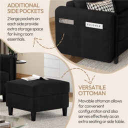 Yaheetech Corduroy Sofa With Ottoman, L-Shaped Sectional Sofa Couch With Side Pockets Or Small Spaces, Black - thumbnail 6