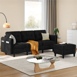 Yaheetech Corduroy Sofa With Ottoman, L-Shaped Sectional Sofa Couch With Side Pockets Or Small Spaces, Black - thumbnail 5