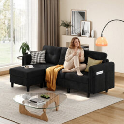 Yaheetech Corduroy Sofa With Ottoman, L-Shaped Sectional Sofa Couch With Side Pockets Or Small Spaces, Black - thumbnail 4