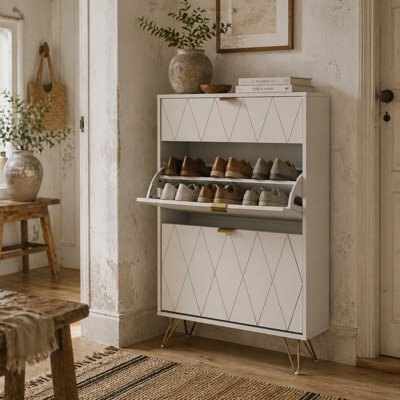 Wyld Haus Molari Doha Narrow White Shoe Cabinet With 2 Flip Drawers And Top Drawer, 76 X 24 X 117 Cm - image 1