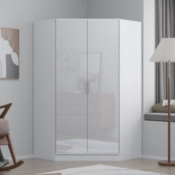Reflect 2 Door Corner Wardrobe - White Gloss & Matt White - 2 Hanging Rails & 8 Shelves - H: 180Cm X W: 103Cm - Modern Design - thumbnail 3