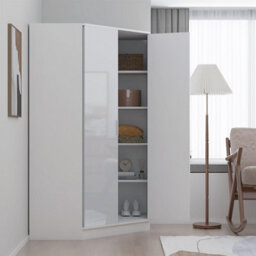 Reflect 2 Door Corner Wardrobe - White Gloss & Matt White - 2 Hanging Rails & 8 Shelves - H: 180Cm X W: 103Cm - Modern Design - thumbnail 2