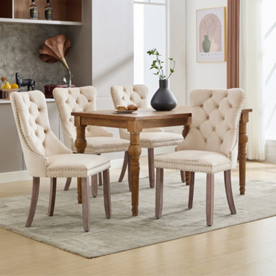 Matteo Set Of 4 Modern Upholstered Velvet Dining Chairs With Brushed Wood Legs - Beige - image 1