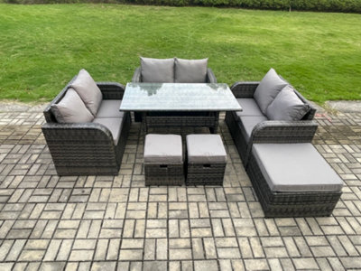 Fimous 9 Seater Outdoor Rattan Garden Furniture Set With Patio Rectangular Dining Table Love Sofa 3 Footstools - image 1