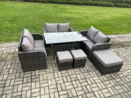 Fimous 9 Seater Outdoor Rattan Garden Furniture Set With Patio Rectangular Dining Table Love Sofa 3 Footstools - thumbnail 2