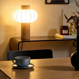 Beliani Table Lamp With Pumpkin Nylon Shade, Light Brown Rubberwood, 27Cm X 35Cm - thumbnail 1