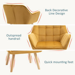 Homcom Luxe Velvet-Feel Accent Chair W/ Wide Arms Slanted Back Wood Legs Yellow - thumbnail 5