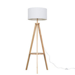 Valuelights Morrigan Natural Wood Shelf Tripod Floor Lamp With White Drum Shade