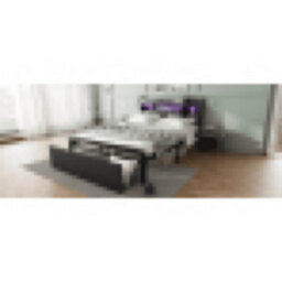 Matteo Modern Black Double Metal Bed Frame With Led Lights, Usb Charging, 2 Drawers & Padded Storage Headboard - 4Ft6 - thumbnail 2