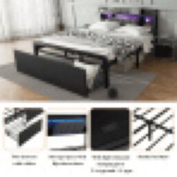 Matteo Modern Black Double Metal Bed Frame With Led Lights, Usb Charging, 2 Drawers & Padded Storage Headboard - 4Ft6 - thumbnail 3