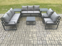 Fimous Aluminium Outdoor Lounge Sofa Set Garden Furniture Sets With Square Coffee Table 2 Chairs 2 Side Tables Dark Grey 8 Seater - thumbnail 1