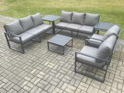 Fimous Aluminium Outdoor Lounge Sofa Set Garden Furniture Sets With Square Coffee Table 2 Chairs 2 Side Tables Dark Grey 8 Seater - thumbnail 2
