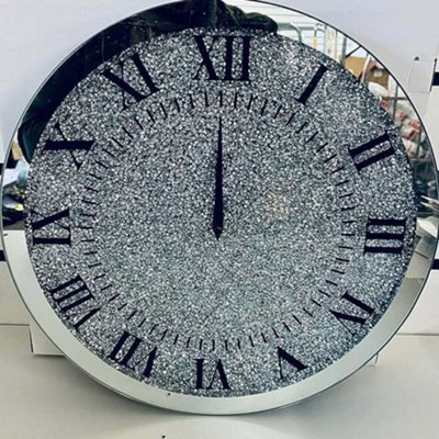 Biznest New Crushed Jewel Crystal Wall Clock Roman Number Glass Diamante Mirror Round (45X45Cm)