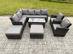 Fimous Rattan Garden Furniture Sets High Back Corner Sofa Oblong Coffee Table Set With 2 Big Footstool 2 Armchairs - thumbnail 2