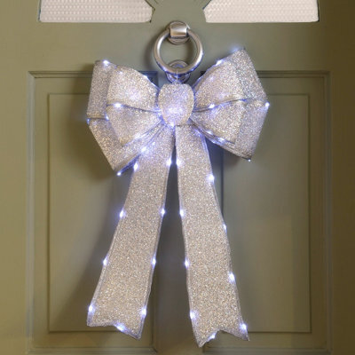 Festive Silver Battery Operated Christmas Door Bow With 84 Warm White Leds - image 1