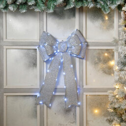 Festive Silver Battery Operated Christmas Door Bow With 84 Warm White Leds - thumbnail 4