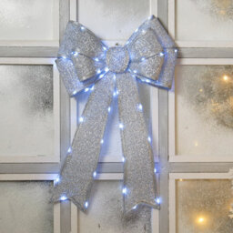 Festive Silver Battery Operated Christmas Door Bow With 84 Warm White Leds - thumbnail 3