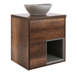 Homestylestore Dark Oak 594mm Led Lit Wall Hung Bathroom Vanity Unit Oval Pebble Countertop Basin Open Shelf