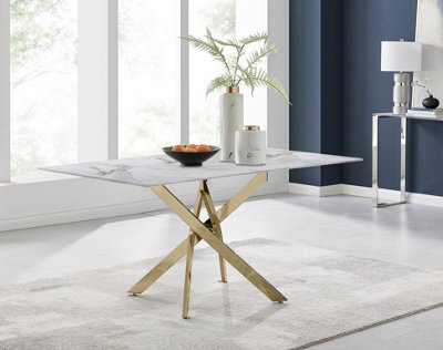 Furniturebox Uk Leonardo 6-Seater Dining Table With White Glass Marble Effect Top And Gold Legs - image 1
