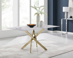 Furniturebox Uk Leonardo 6-Seater Dining Table With White Glass Marble Effect Top And Gold Legs