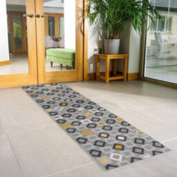 Bravich Hard Wearing Hessian Backed Stair Runner Kitchen Mat - Texas Geometric Gold, Grey & White - 60X600Cm (2'x20')