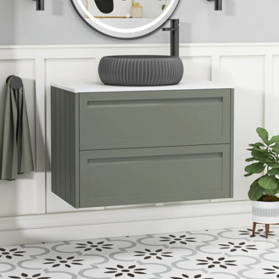 Royal Bathrooms Royal Bathroom Elmore 800mm Matt Green Wall Mounted Bathroom Vanity Unit 2 Drawer Plain White Worktop With Milan Black Basin - image 1