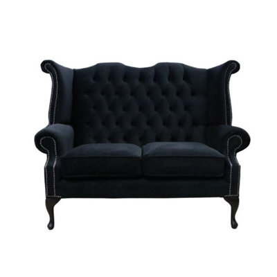 Chesterfield Original 2 Seater High Back Sofa Amalfi Black Velvet Fabric In Queen Anne Style - image 1