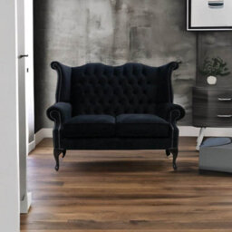 Chesterfield Original 2 Seater High Back Sofa Amalfi Black Velvet Fabric In Queen Anne Style - thumbnail 5