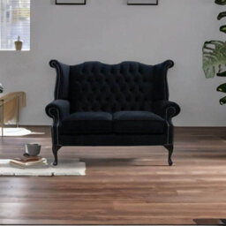 Chesterfield Original 2 Seater High Back Sofa Amalfi Black Velvet Fabric In Queen Anne Style - thumbnail 4