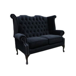 Chesterfield Original 2 Seater High Back Sofa Amalfi Black Velvet Fabric In Queen Anne Style - thumbnail 3