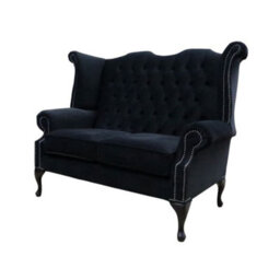 Chesterfield Original 2 Seater High Back Sofa Amalfi Black Velvet Fabric In Queen Anne Style - thumbnail 2