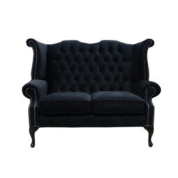 Chesterfield Original 2 Seater High Back Sofa Amalfi Black Velvet Fabric In Queen Anne Style - thumbnail 1