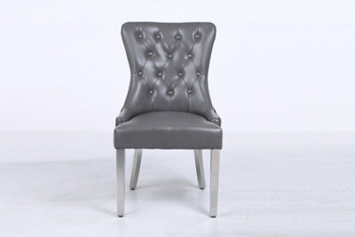 Modernique A Pair Grey Leather Aire Tuffted Metal Knocker Back Dining Chairs With Solid Chrome Legs - image 1