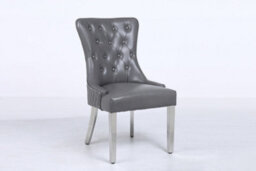 Modernique A Pair Grey Leather Aire Tuffted Metal Knocker Back Dining Chairs With Solid Chrome Legs - thumbnail 3