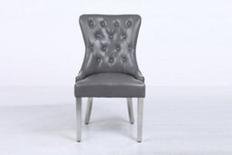 Modernique A Pair Grey Leather Aire Tuffted Metal Knocker Back Dining Chairs With Solid Chrome Legs