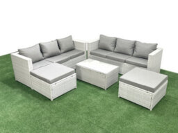 Fimous Garden Outdoor Pe Rattan Furniture Set 8 Seater Rattan Garden Sofa Set 2 Big Stools Light Grey - thumbnail 1