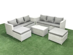 Fimous Garden Outdoor Pe Rattan Furniture Set 8 Seater Rattan Garden Sofa Set 2 Big Stools Light Grey - thumbnail 2