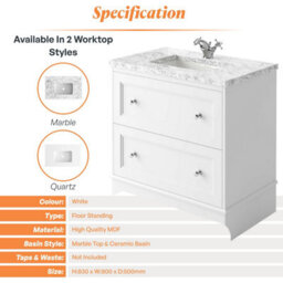 Plum&clay Beckett White Floor Standing Traditional Bathroom Vanity Unit & Basin (W)800mm (H)850mm - thumbnail 6