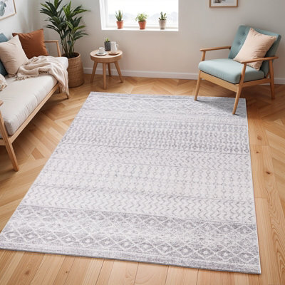 Livabliss Elaziz-Geometric Grey White Global Living Dining Bedroom Rug 140 X 200 Cm Easy Care, Non Shedding - image 1