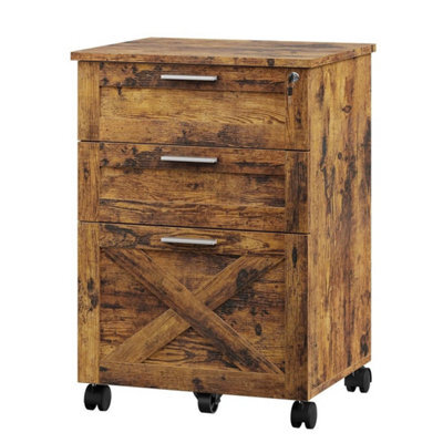 Rustic Brown 3 Drawers Filing Cabinet With Lock And Key Mobile Under Desk Storage Drawer - image 1